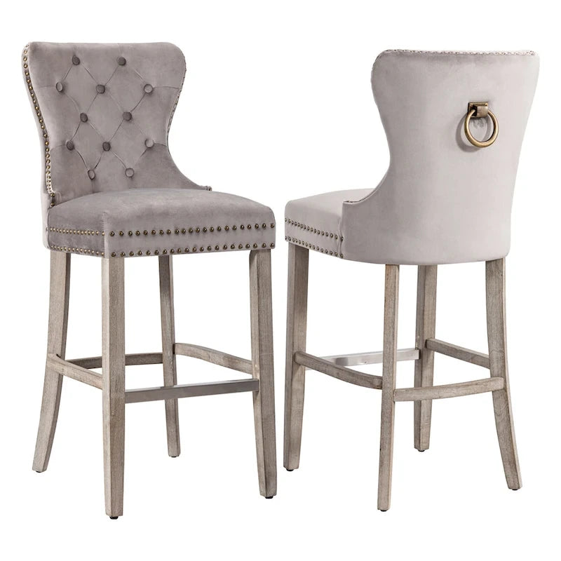 29" Wingback Tufted Nailhead Bar Stool (Set of 2), Antique Grey Legs
