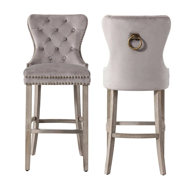 29" Wingback Tufted Nailhead Bar Stool (Set of 2), Antique Grey Legs