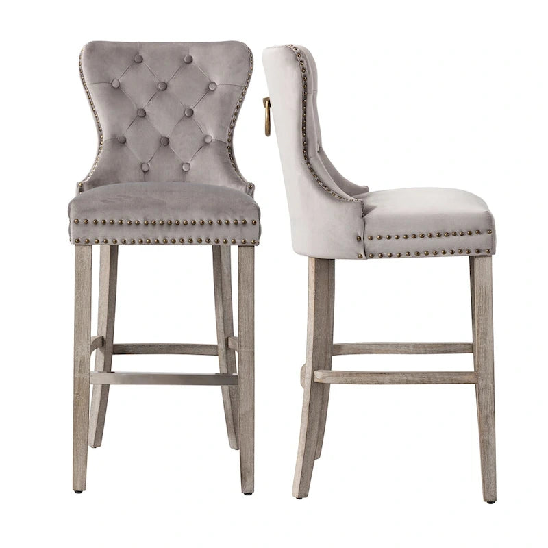 29" Wingback Tufted Nailhead Bar Stool (Set of 2), Antique Grey Legs