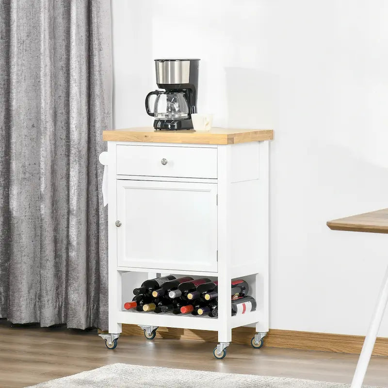 Rolling Kitchen Cart with Rubberwood Top and Storage