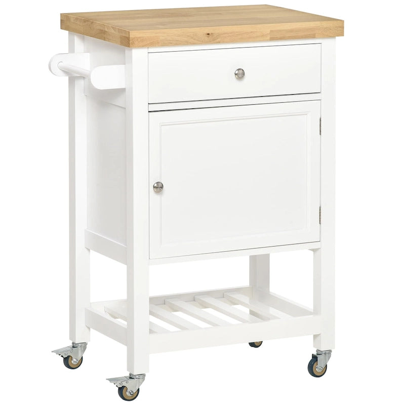Rolling Kitchen Cart with Rubberwood Top and Storage