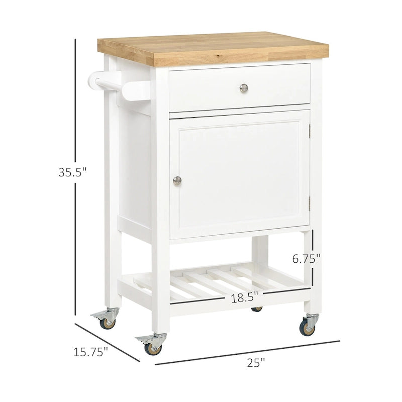 Rolling Kitchen Cart with Rubberwood Top and Storage