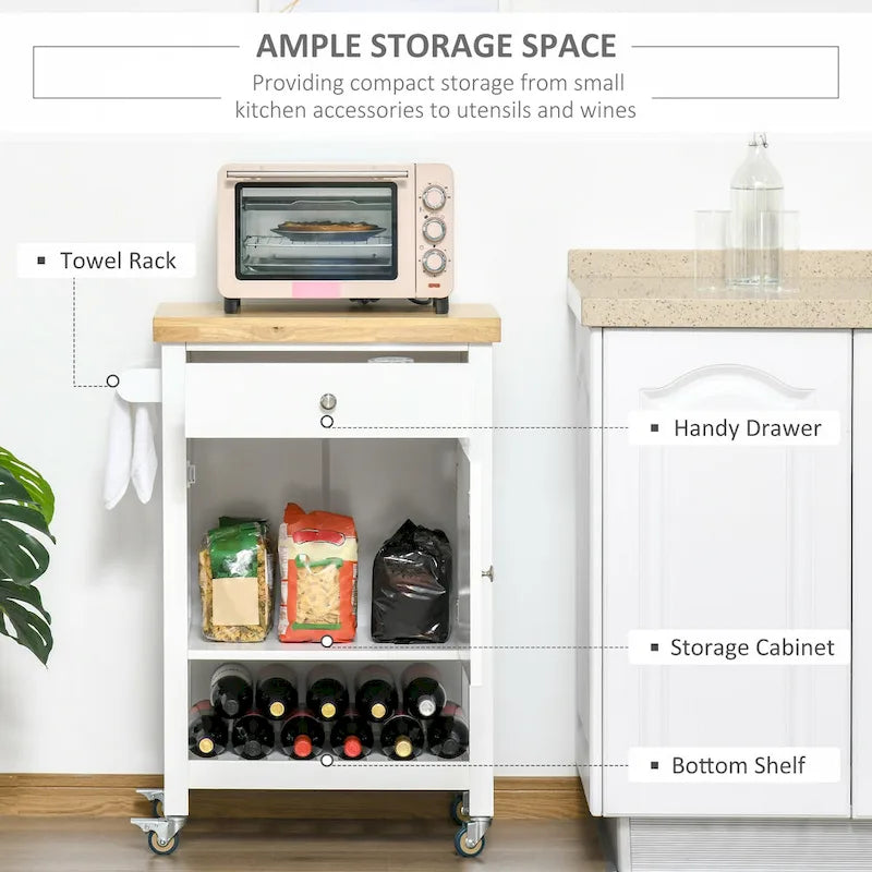 Rolling Kitchen Cart with Rubberwood Top and Storage