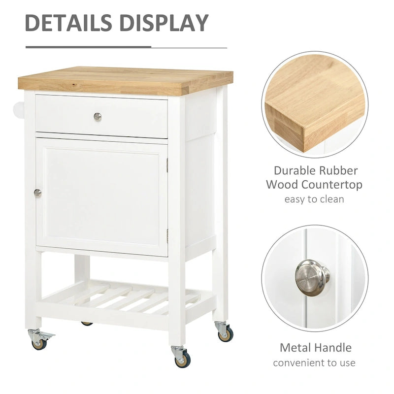 Rolling Kitchen Cart with Rubberwood Top and Storage