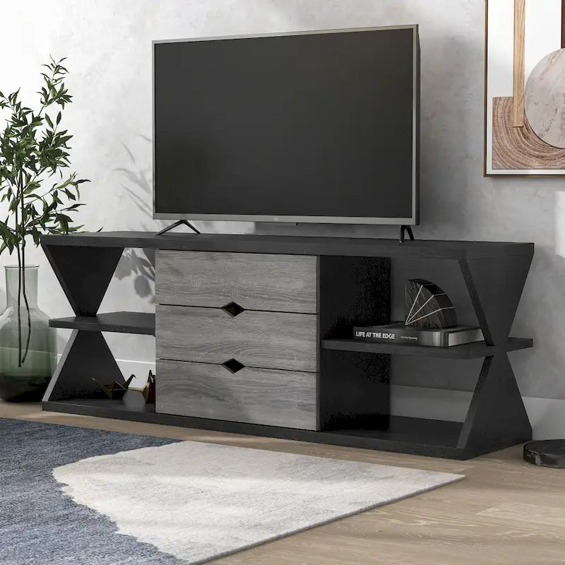 Modern Black and Distressed Grey 60-Inch 4-Shelf TV Console with 3 Drawers