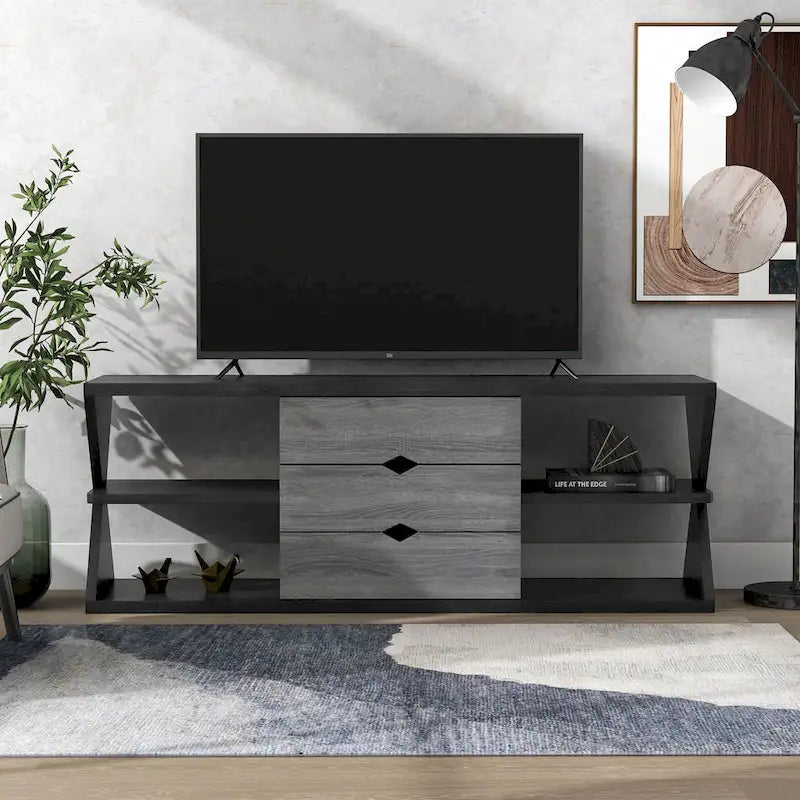 Modern Black and Distressed Grey 60-Inch 4-Shelf TV Console with 3 Drawers