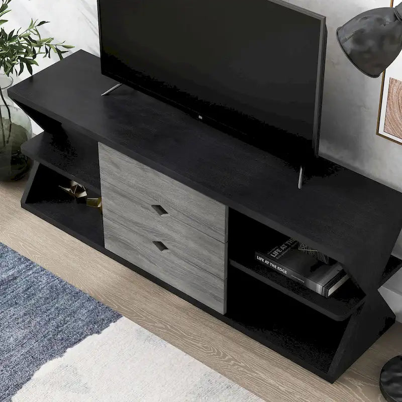 Modern Black and Distressed Grey 60-Inch 4-Shelf TV Console with 3 Drawers