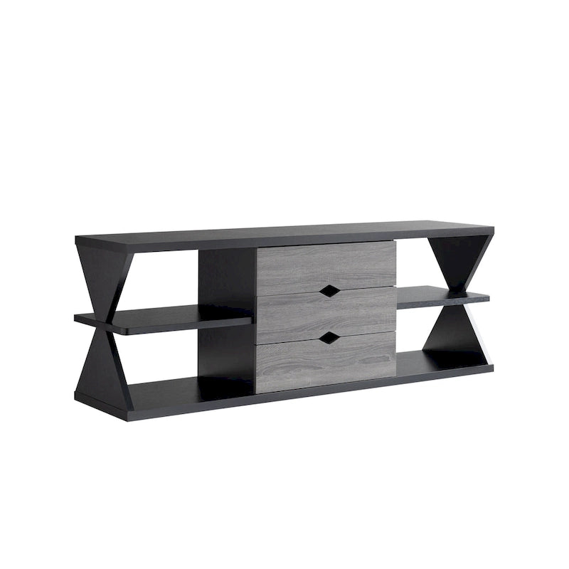 Modern Black and Distressed Grey 60-Inch 4-Shelf TV Console with 3 Drawers