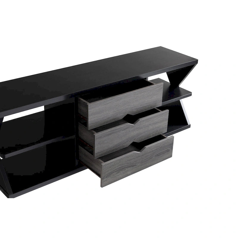 Modern Black and Distressed Grey 60-Inch 4-Shelf TV Console with 3 Drawers