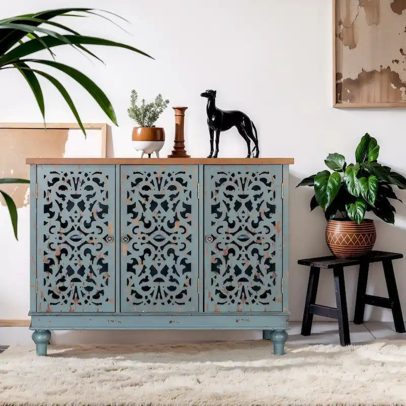 Hollow-Carved 3-Door Storage Cabinet