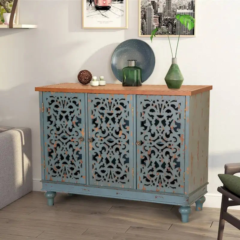 Hollow-Carved 3-Door Storage Cabinet
