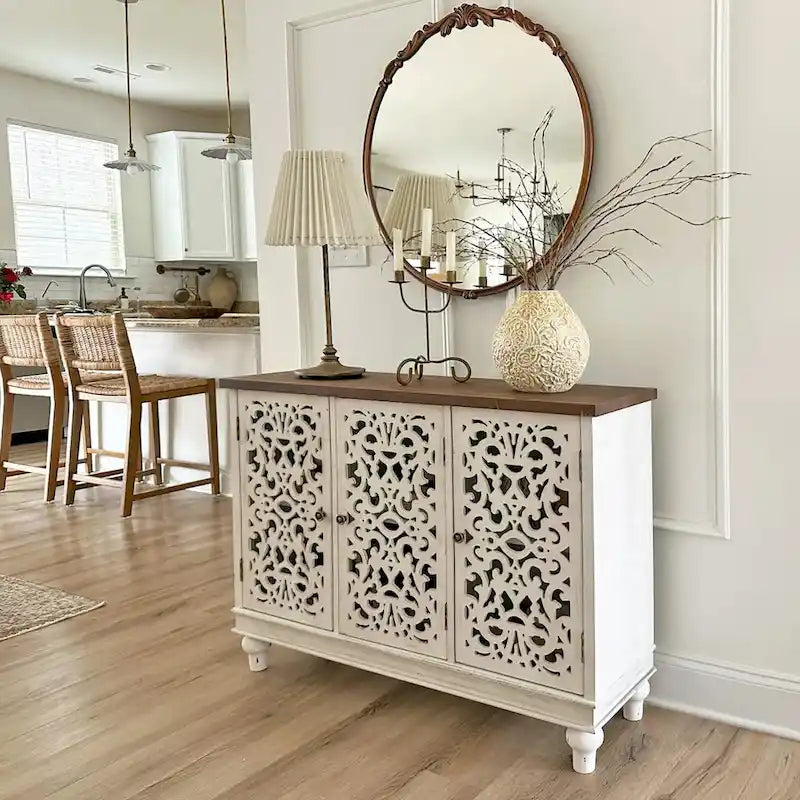 Hollow-Carved 3-Door Storage Cabinet