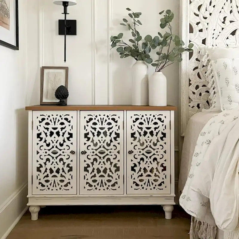 Hollow-Carved 3-Door Storage Cabinet