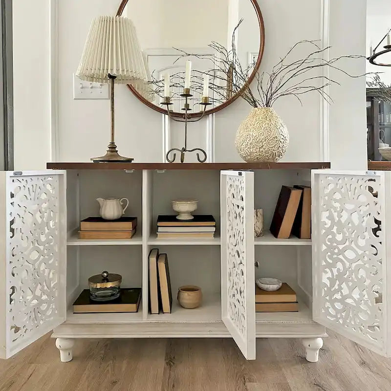 Hollow-Carved 3-Door Storage Cabinet