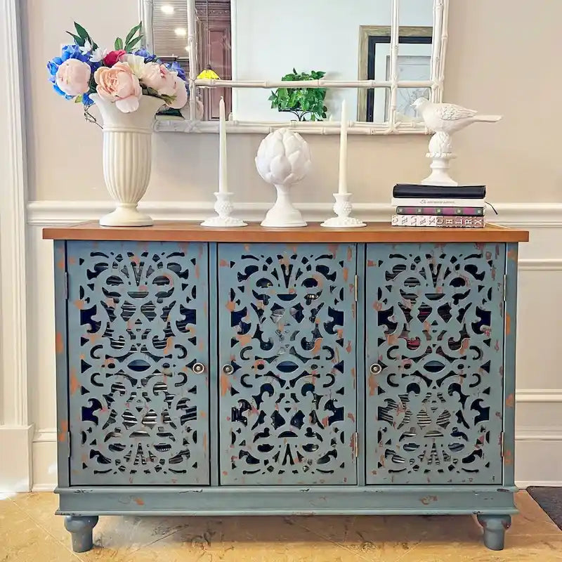 Hollow-Carved 3-Door Storage Cabinet