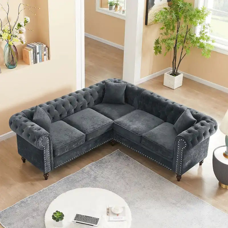 Deep Button Rolled Arm L Shaped Sectional Sofa