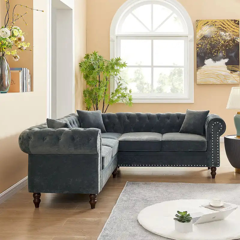 Deep Button Rolled Arm L Shaped Sectional Sofa