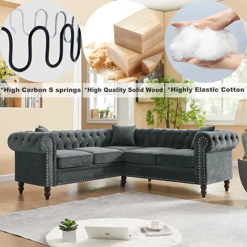 Deep Button Rolled Arm L Shaped Sectional Sofa