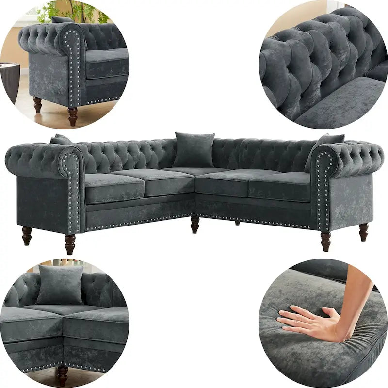 Deep Button Rolled Arm L Shaped Sectional Sofa