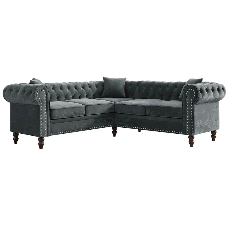 Deep Button Rolled Arm L Shaped Sectional Sofa