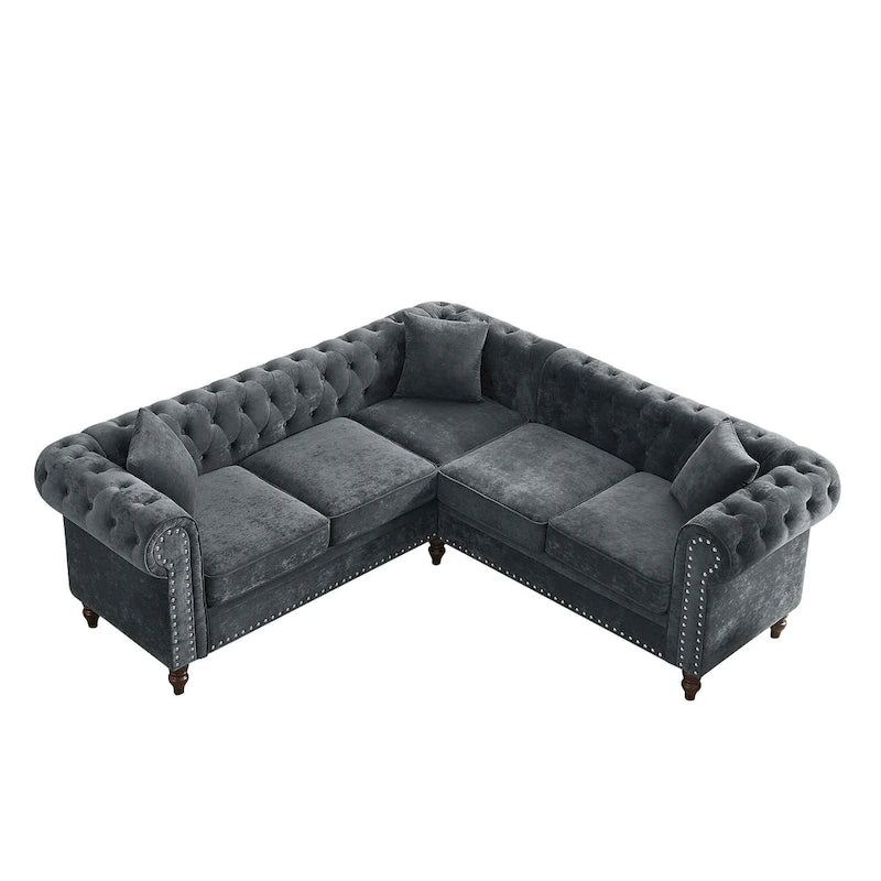 Deep Button Rolled Arm L Shaped Sectional Sofa