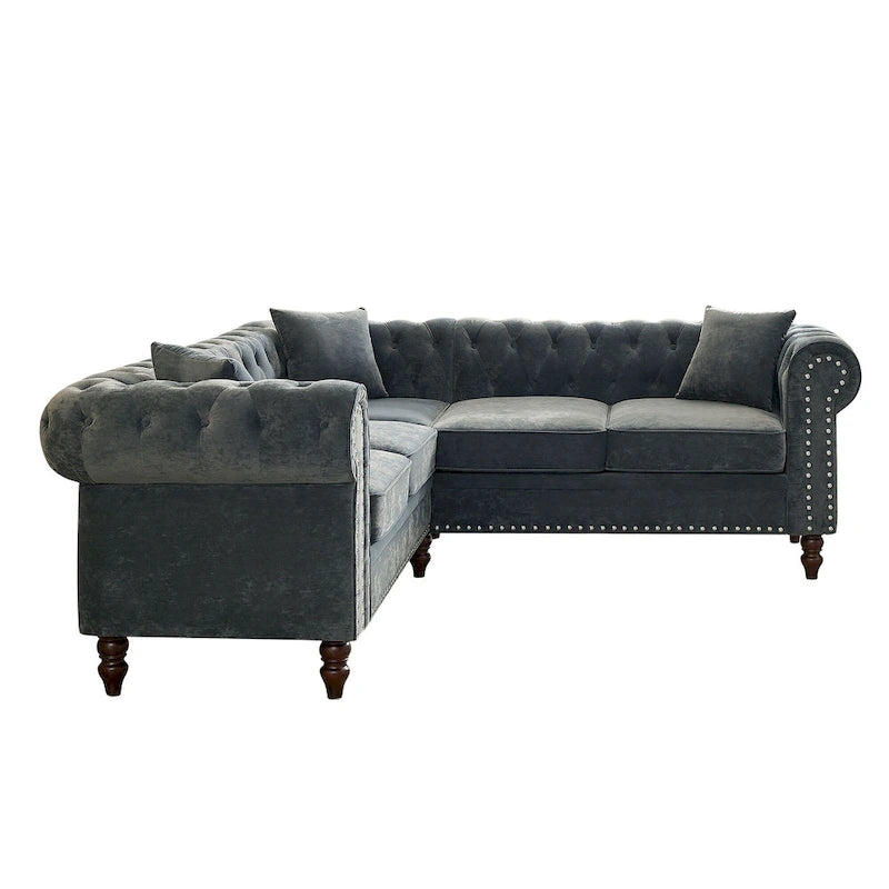 Deep Button Rolled Arm L Shaped Sectional Sofa