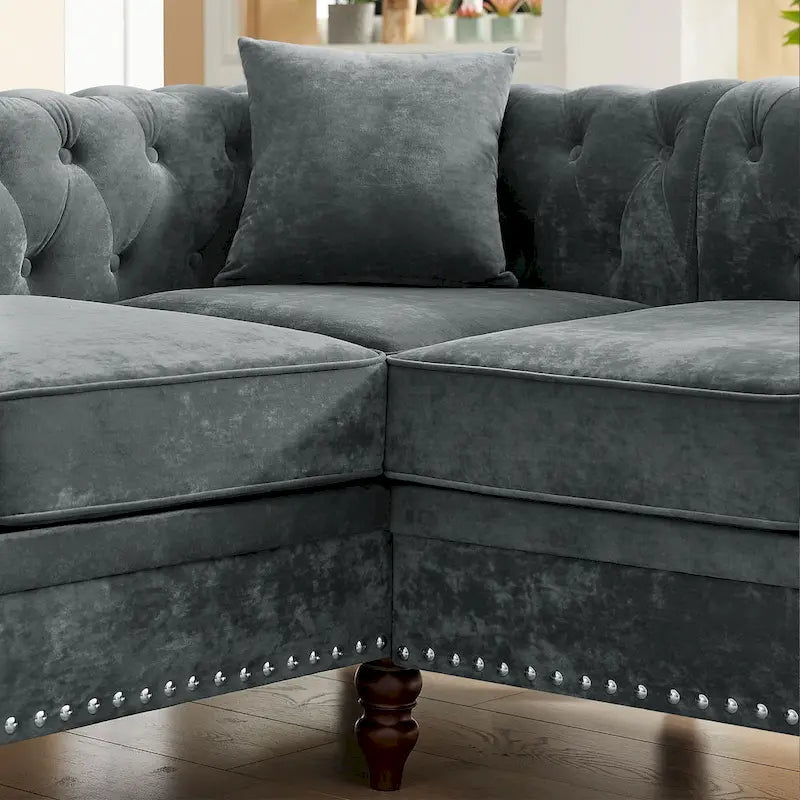 Deep Button Rolled Arm L Shaped Sectional Sofa