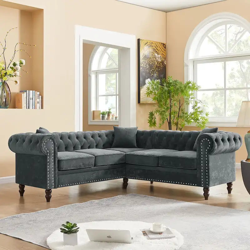 Deep Button Rolled Arm L Shaped Sectional Sofa