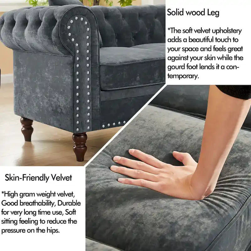 Deep Button Rolled Arm L Shaped Sectional Sofa