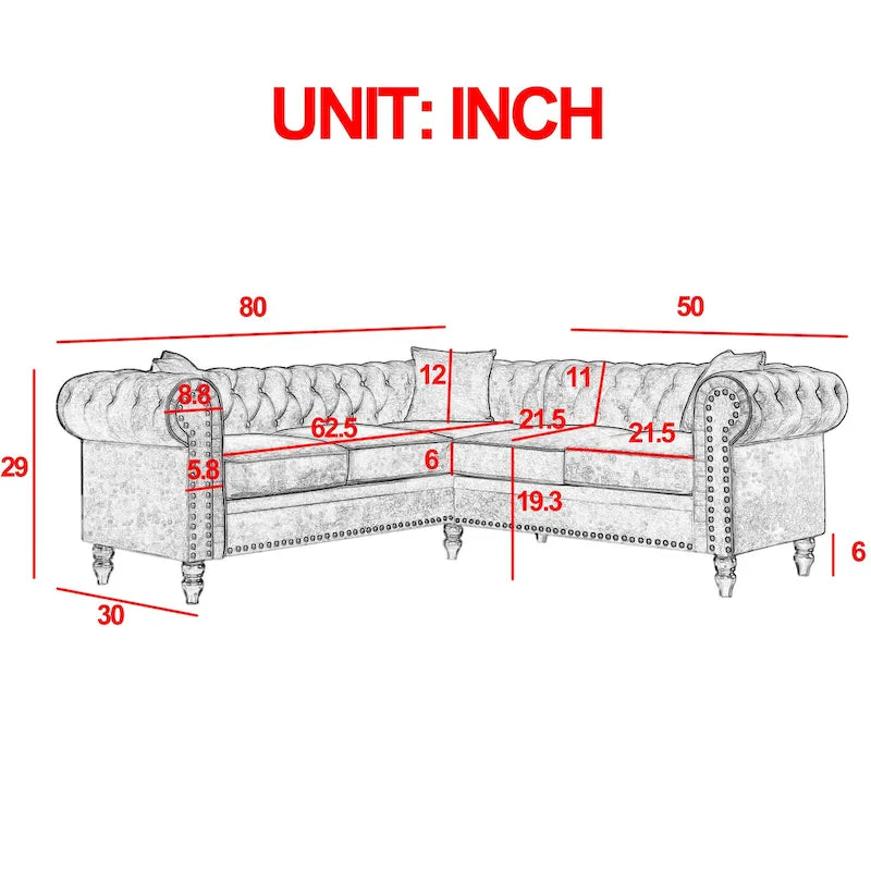 Deep Button Rolled Arm L Shaped Sectional Sofa
