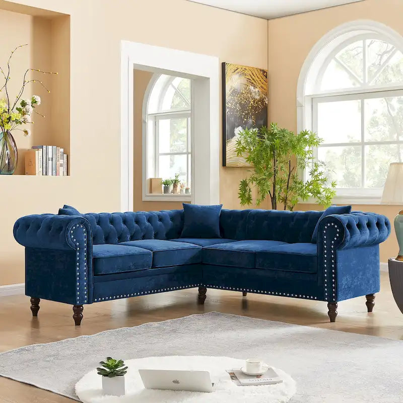 Deep Button Rolled Arm L Shaped Sectional Sofa