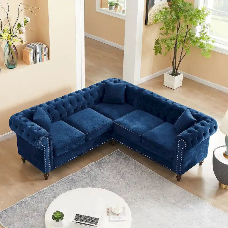 Deep Button Rolled Arm L Shaped Sectional Sofa