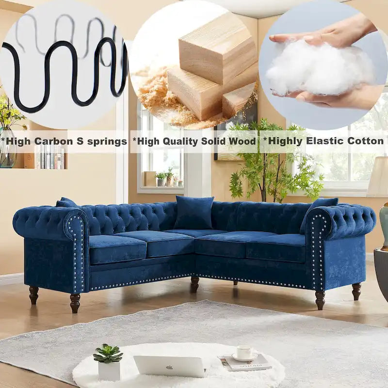 Deep Button Rolled Arm L Shaped Sectional Sofa