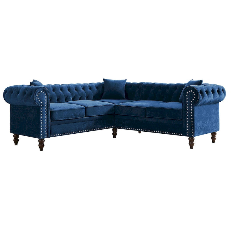 Deep Button Rolled Arm L Shaped Sectional Sofa