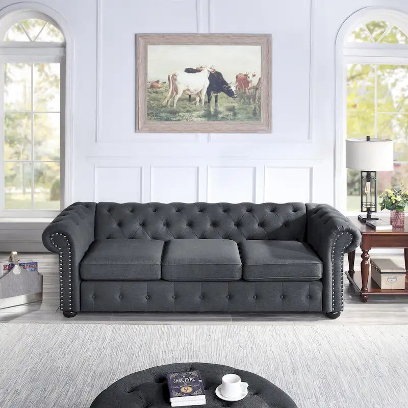 Tufted Chesterfield 3-Seater Sofa with Rolled Arms