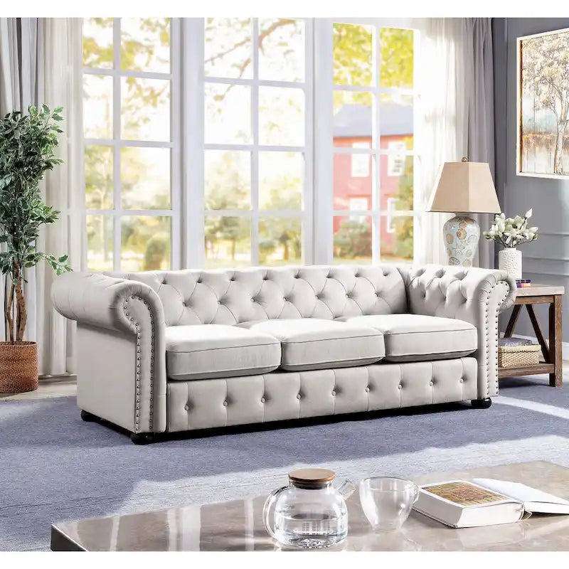 Tufted Chesterfield 3-Seater Sofa with Rolled Arms