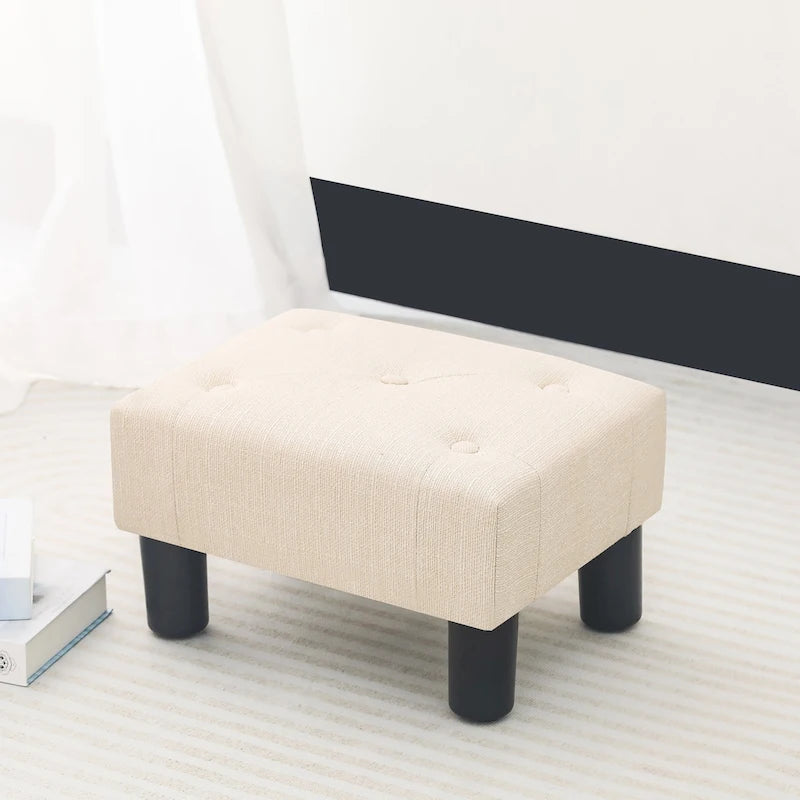 Button Tufted Linen Foot Stool - Rectangular Small Ottoman