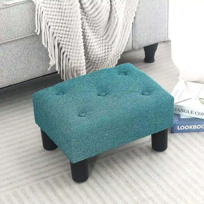 Button Tufted Linen Foot Stool - Rectangular Small Ottoman
