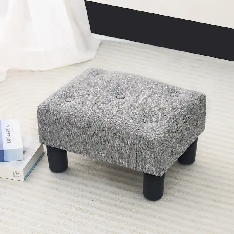 Button Tufted Linen Foot Stool - Rectangular Small Ottoman