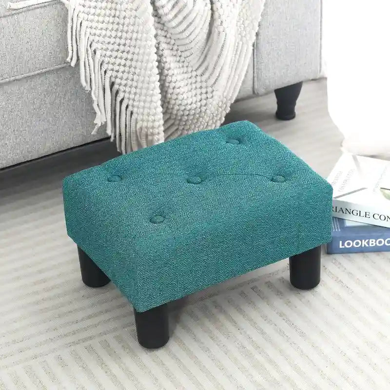 Button Tufted Linen Foot Stool - Rectangular Small Ottoman