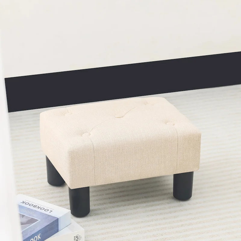 Button Tufted Linen Foot Stool - Rectangular Small Ottoman