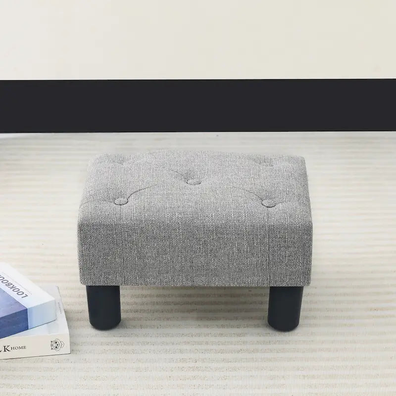 Button Tufted Linen Foot Stool - Rectangular Small Ottoman