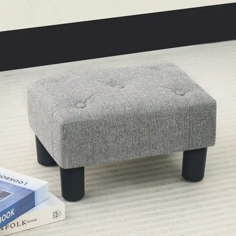Button Tufted Linen Foot Stool - Rectangular Small Ottoman