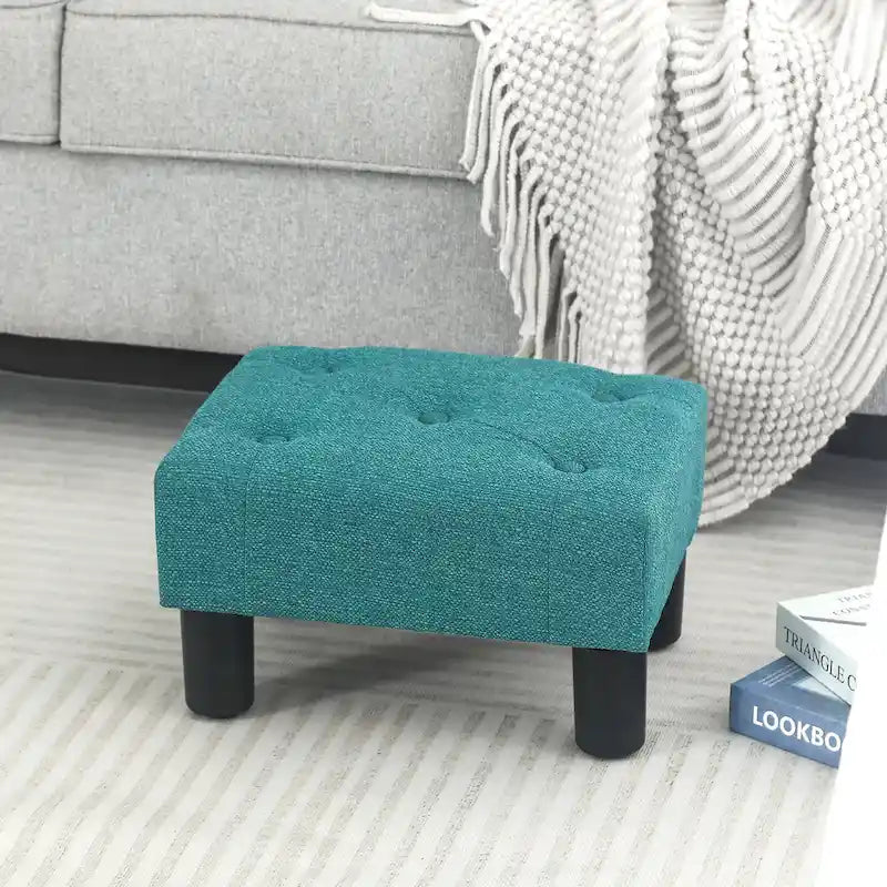 Button Tufted Linen Foot Stool - Rectangular Small Ottoman