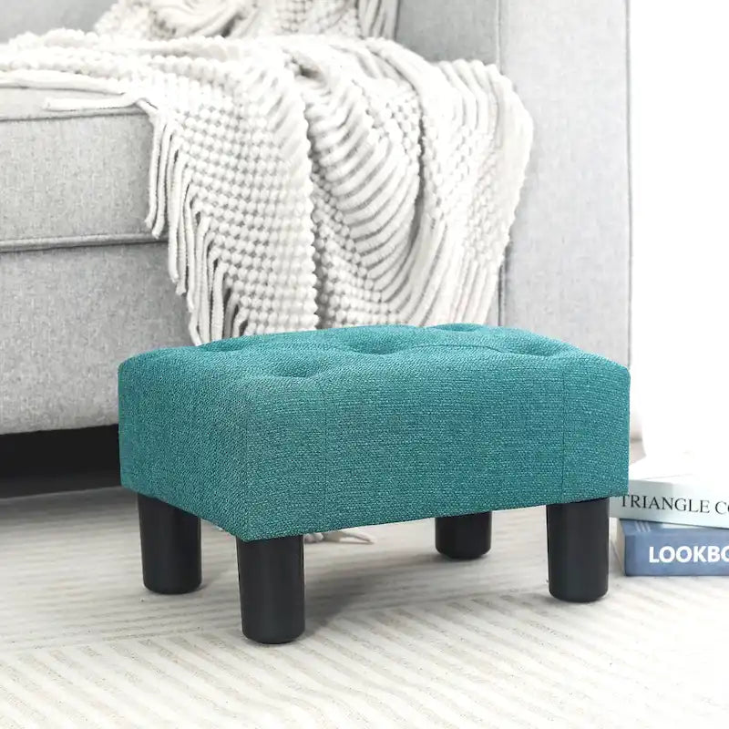 Button Tufted Linen Foot Stool - Rectangular Small Ottoman