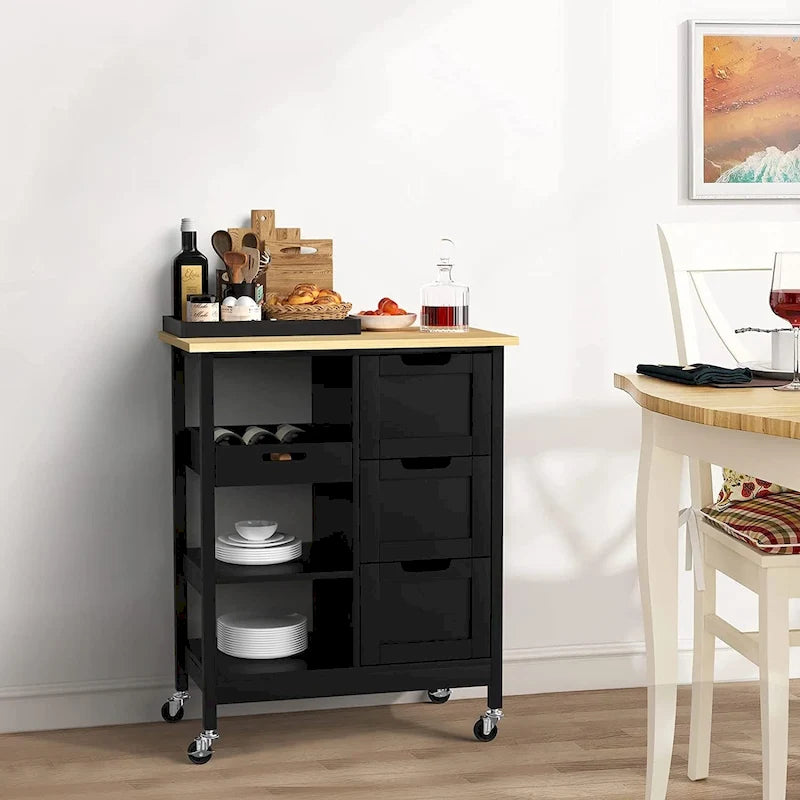 Solid Wood Top Kitchen Island Storage Cart with 3 Drawers Rolling Serving Trolley