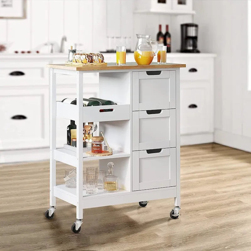 Solid Wood Top Kitchen Island Storage Cart with 3 Drawers Rolling Serving Trolley