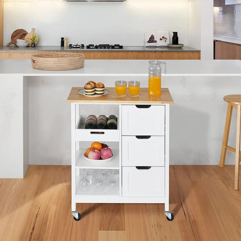 Solid Wood Top Kitchen Island Storage Cart with 3 Drawers Rolling Serving Trolley