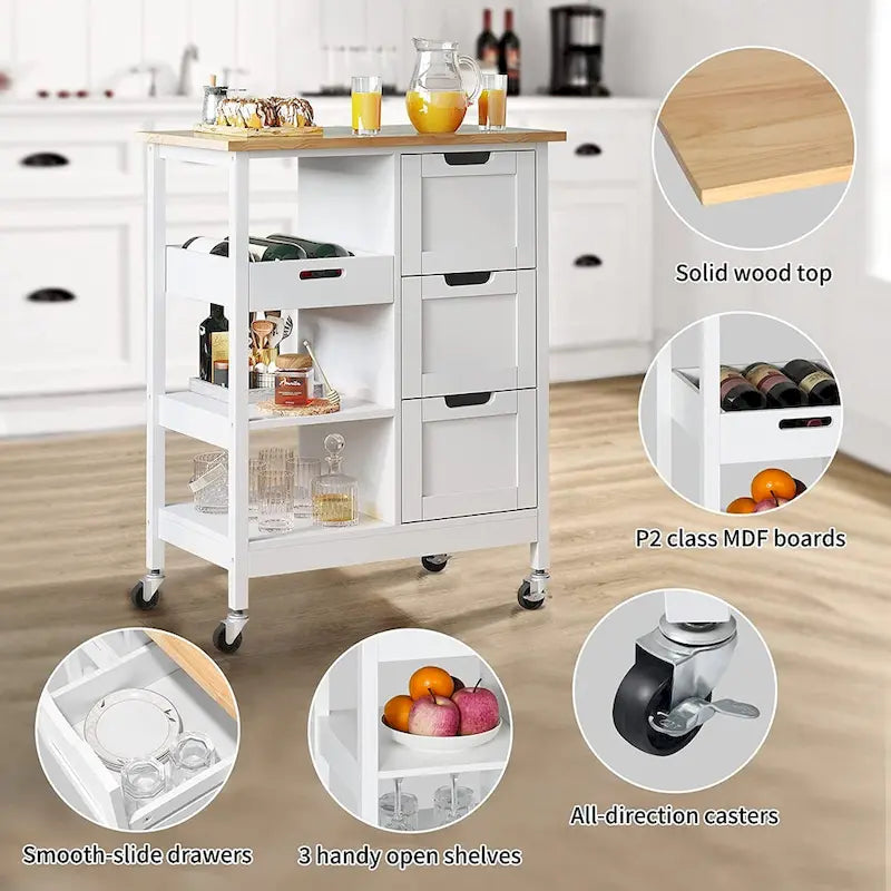 Solid Wood Top Kitchen Island Storage Cart with 3 Drawers Rolling Serving Trolley