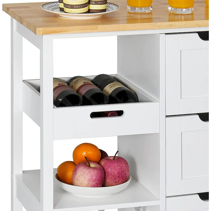 Solid Wood Top Kitchen Island Storage Cart with 3 Drawers Rolling Serving Trolley